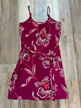 Lucky Brand racerback mini dress 100% silk vibrant pink tropical floral print S